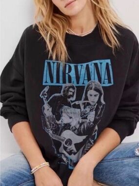 NIRVANA Black Crewneck Sweater with Blue Band Graphic